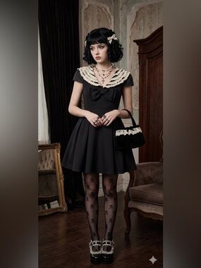 Black Mini Dress/Romper with Cream Lace Collar